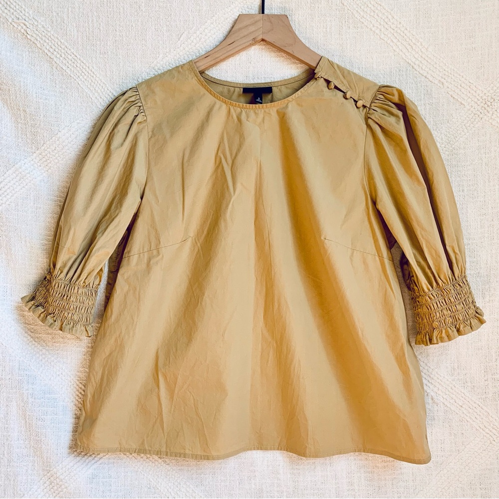 Who What Wear Smocked Puff Sleeves Cotton Blouse Shirt Tan / Khaki Small Spring